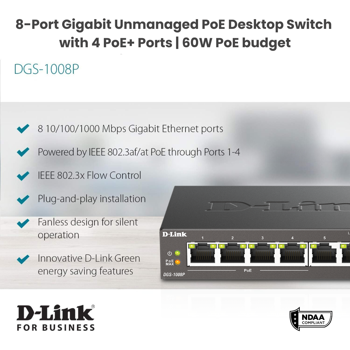 D-Link DGS-1008P 8-Port Gigabit Unmanaged PoE Desktop Switch with 4 PoE+ Ports | 60W PoE budget. The image features a product description with bullet points on a light gray background and a photo of the black switch on the right side.
