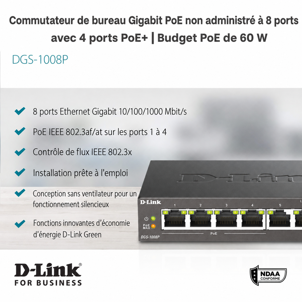 D-Link DGS-1008P unmanaged Gigabit PoE switch with 4 PoE+ ports, 60W budget PoE, in French, featuring a product photo of the black switch on a light gray and white background with marketing bullet points and D-Link branding.