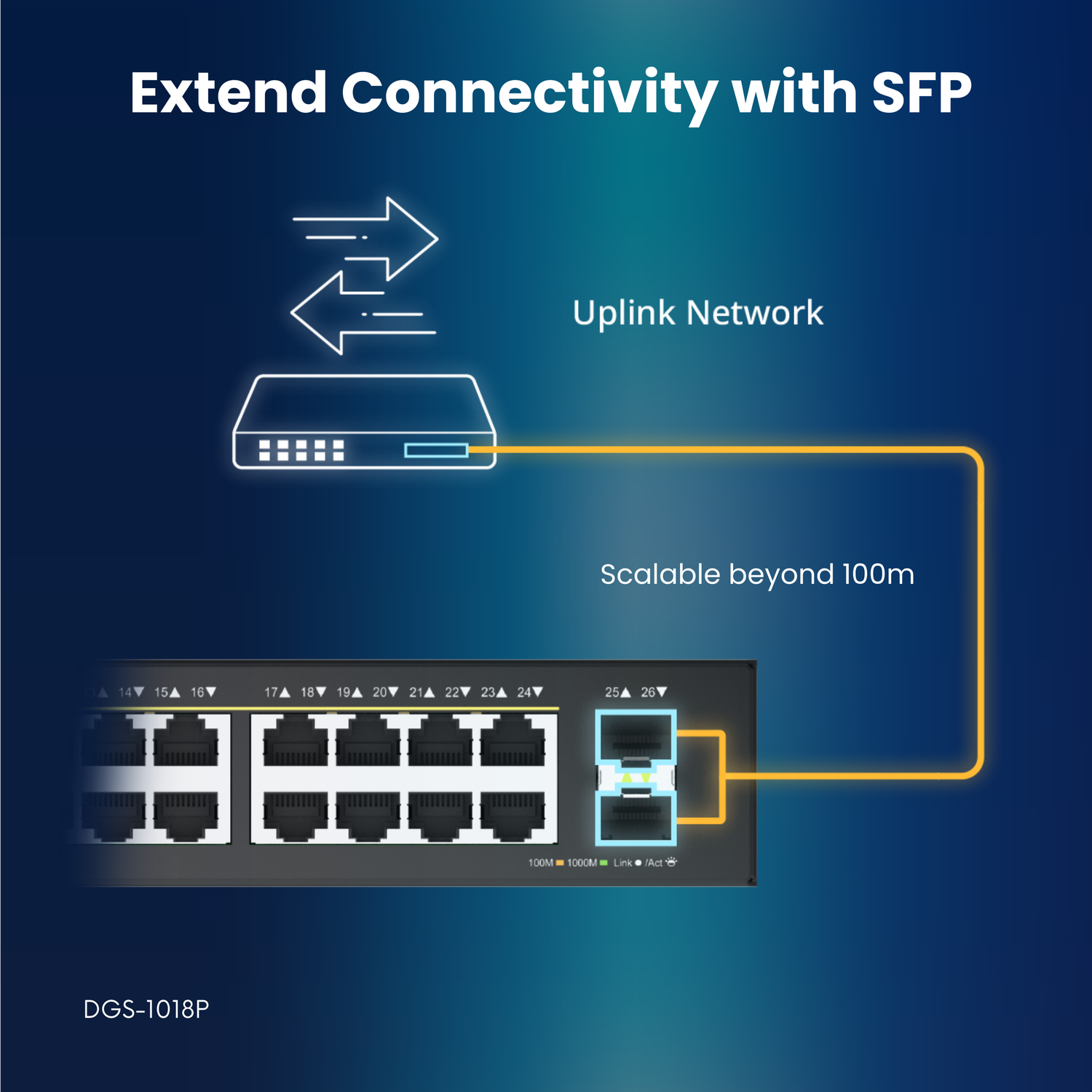 Network switch with SFP module on a blue background, highlighting connectivity and scalability.