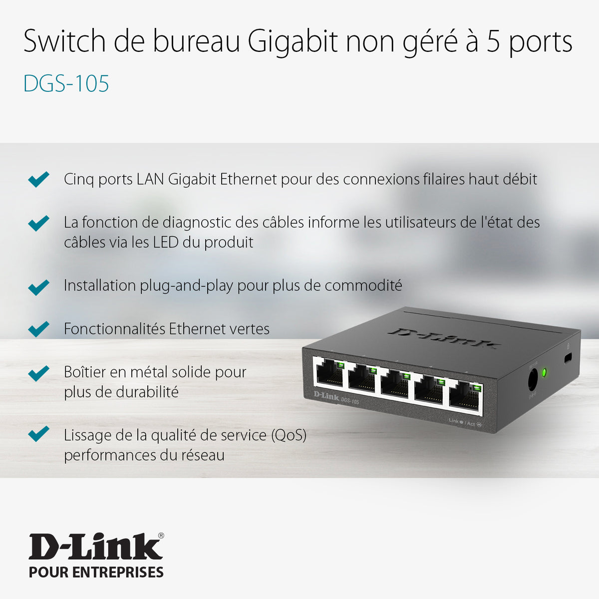 D-Link 5-Port Unmanaged Gigabit Metal Desktop Switch - DGS-105 – D-Link ...