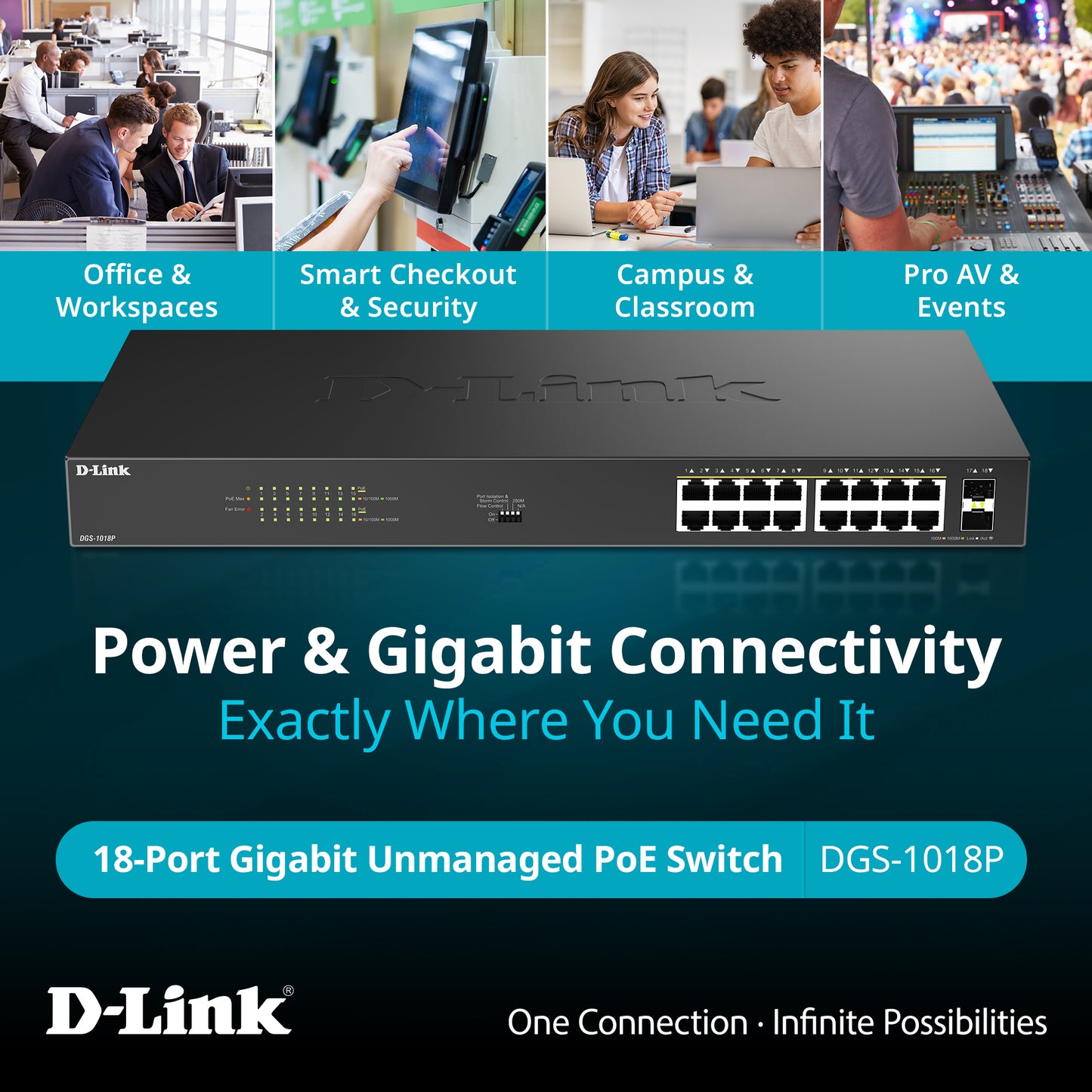 16-Port Gigabit PoE+ Unmanaged Switch with 2 SFP Ports - DGS-1018P