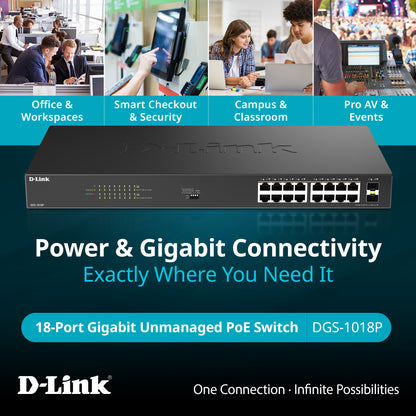 16-Port Gigabit PoE+ Unmanaged Switch with 2 SFP Ports - DGS-1018P