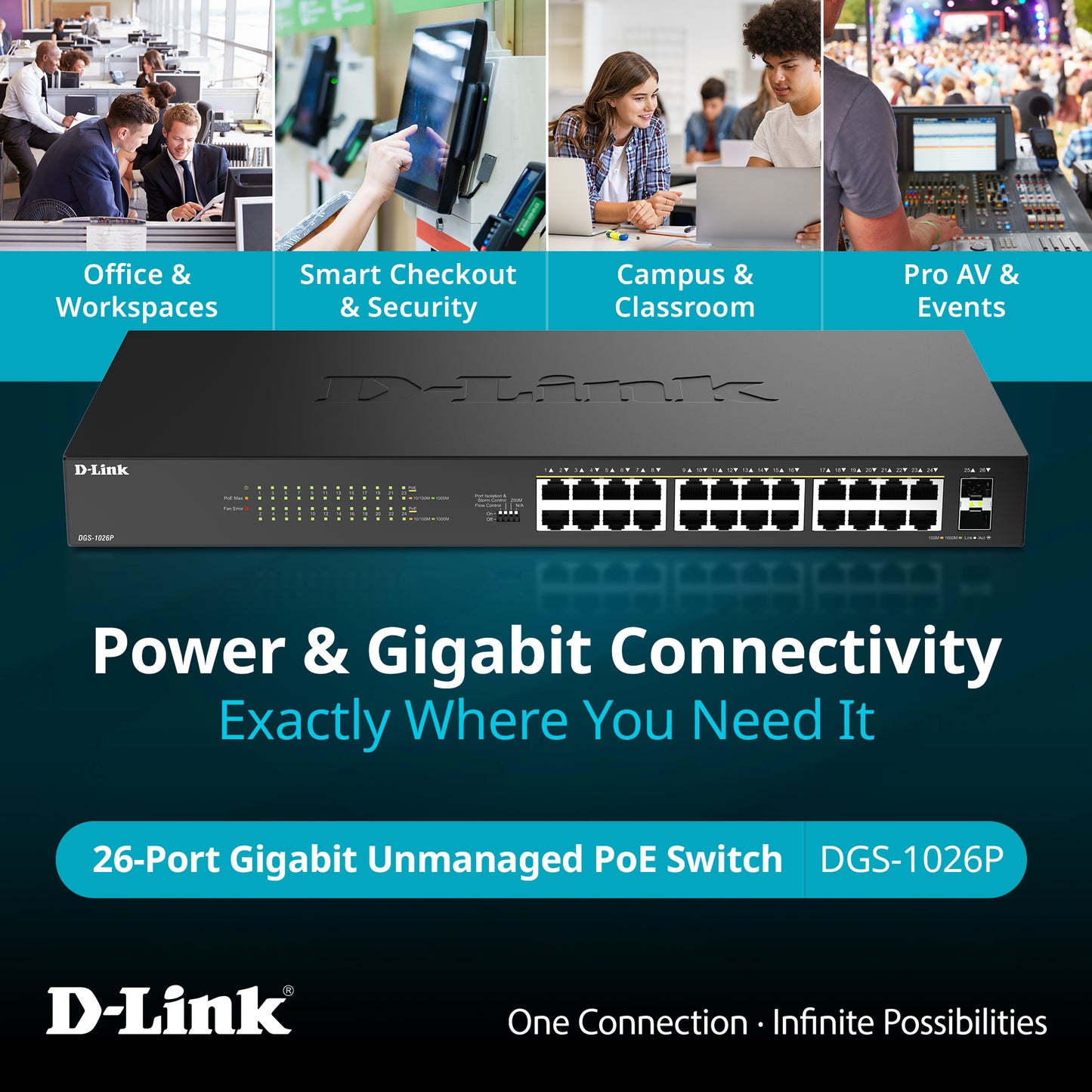 24-Port Gigabit PoE+ Unmanaged Switch with 2 SFP Ports - DGS-1026P