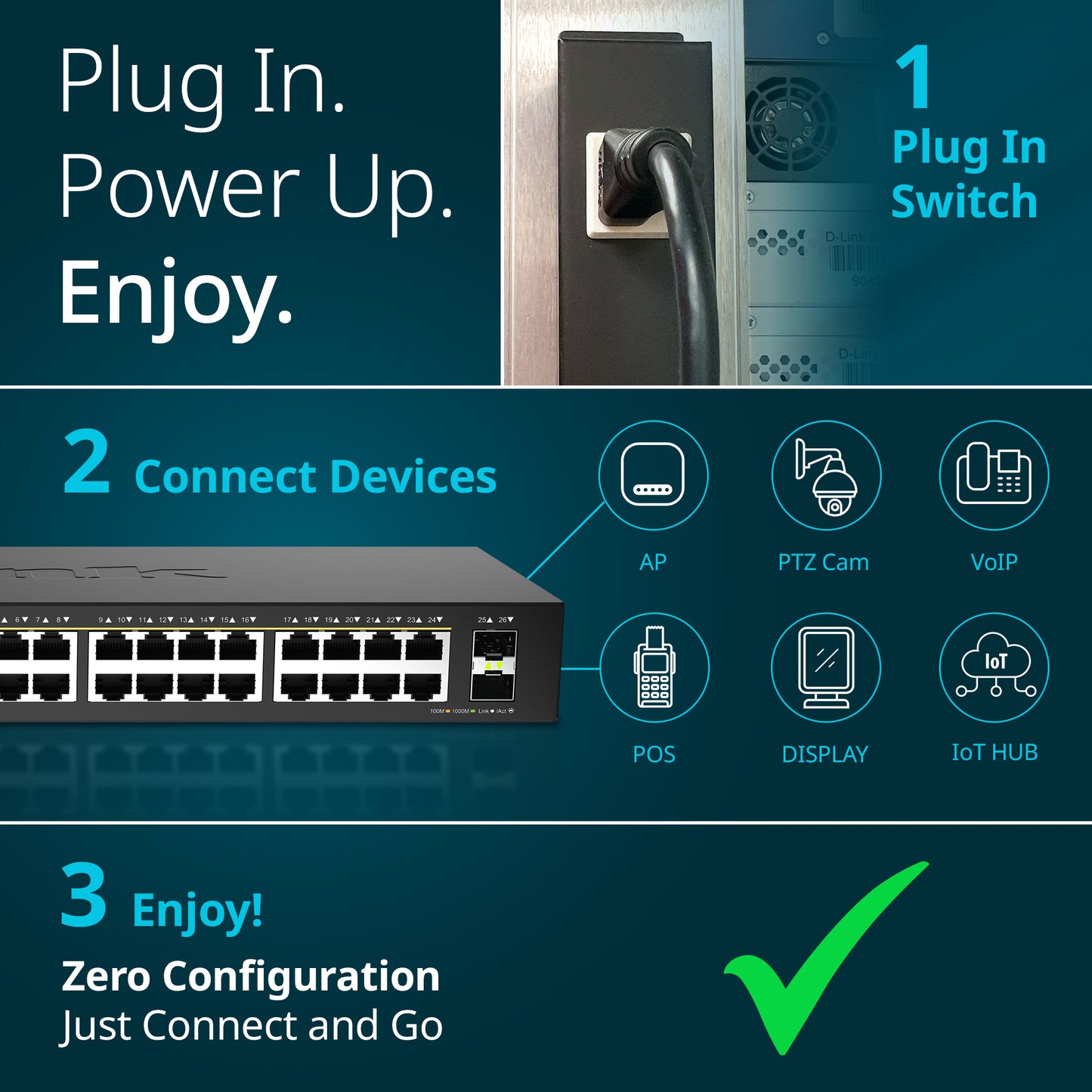 24-Port Gigabit PoE+ Unmanaged Switch with 2 SFP Ports - DGS-1026P