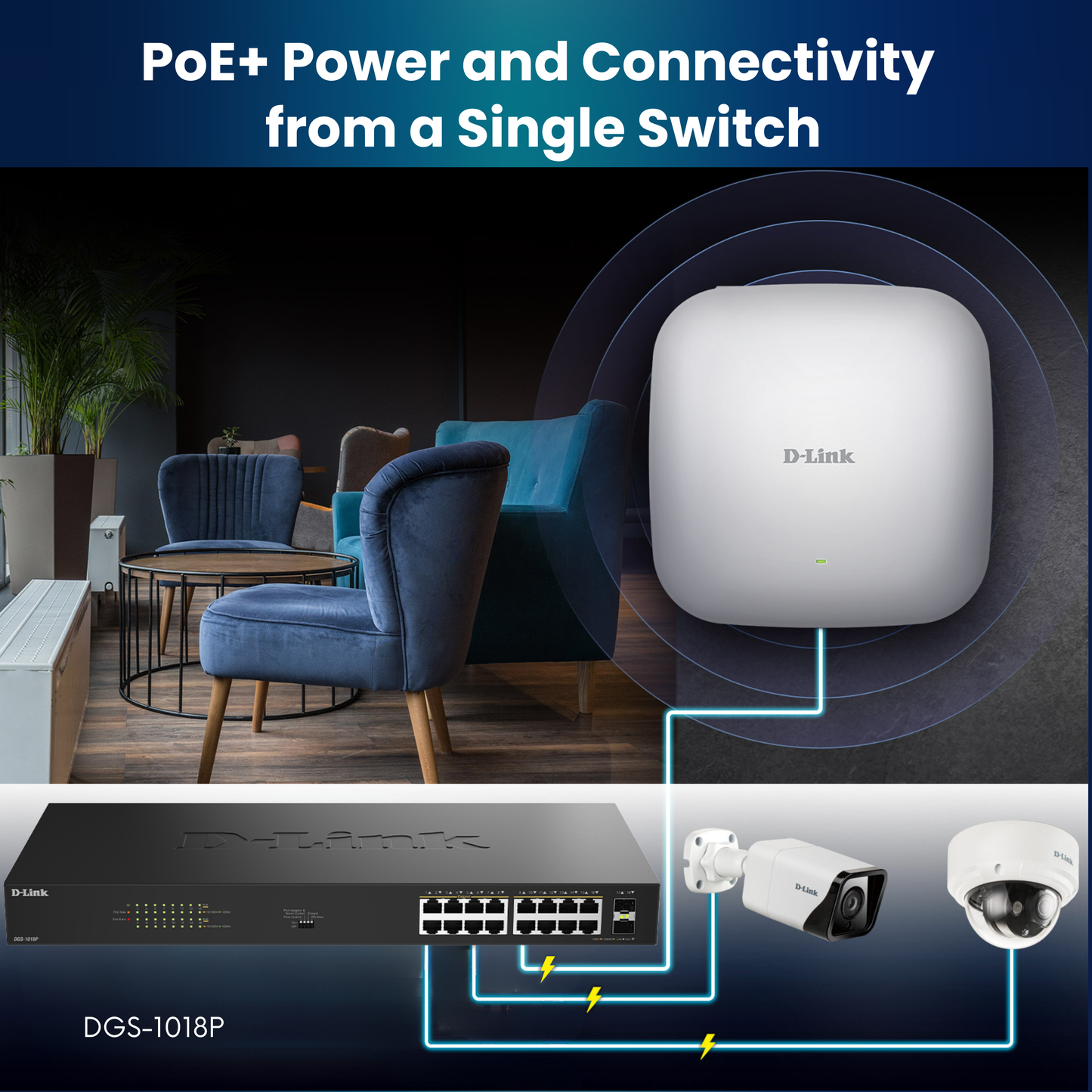 16-Port Gigabit PoE+ Unmanaged Switch with 2 SFP Ports - DGS-1018P