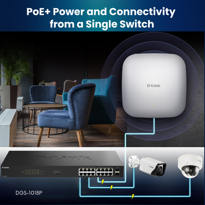 16-Port Gigabit PoE+ Unmanaged Switch with 2 SFP Ports - DGS-1018P