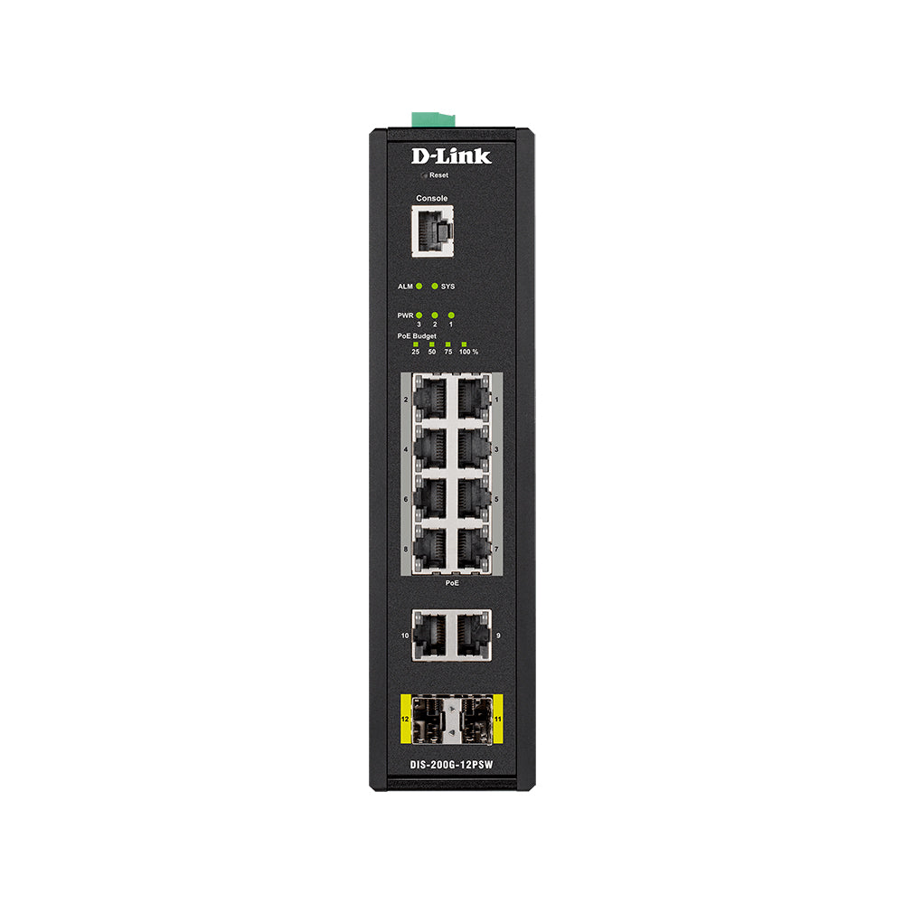 D-Link 12-Port Gigabit Smart Managed Hardened Industrial PoE Switch - Wide Temp - 240W PoE Budget - DIS-200G-12PSW