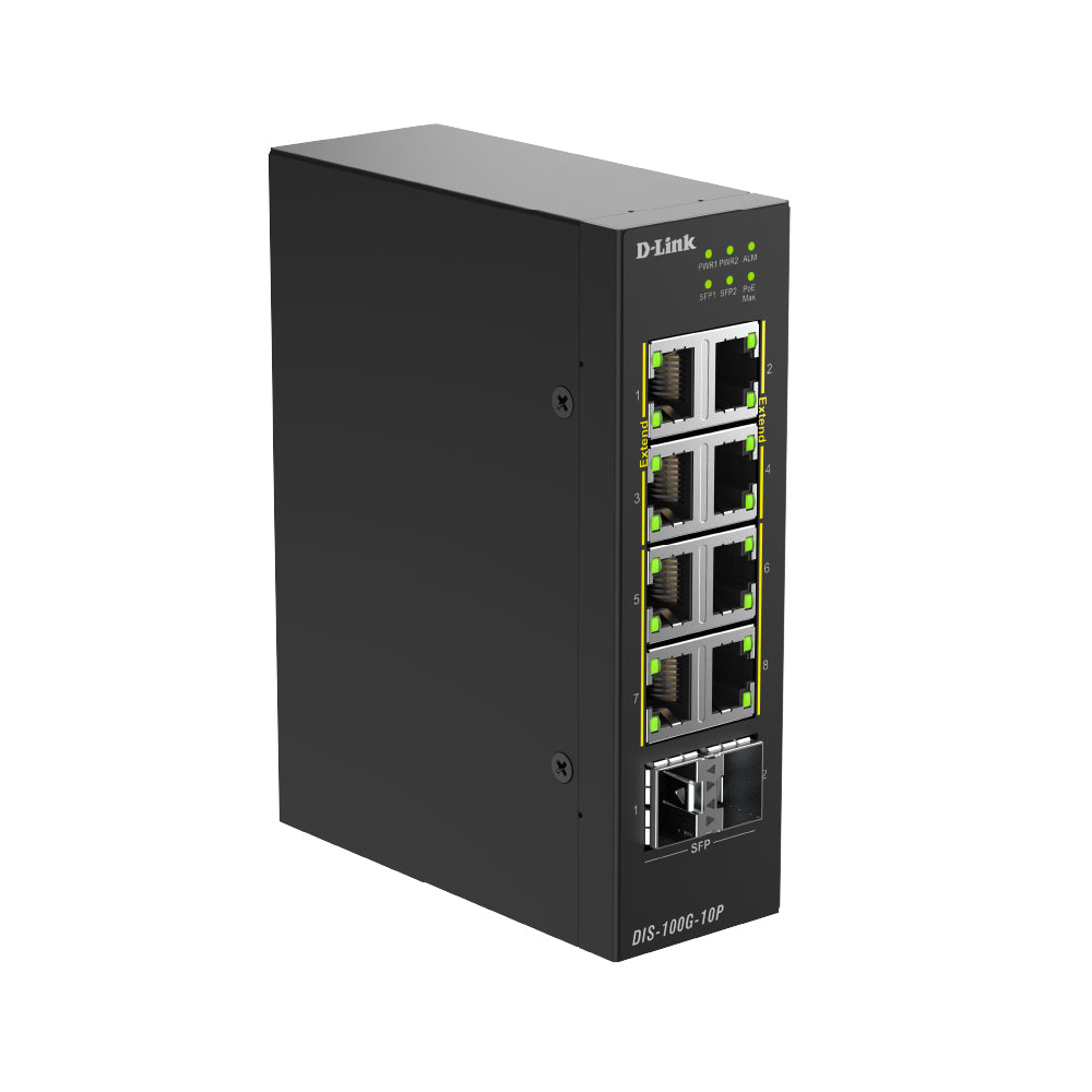 D-Link industrial network PoE switch DIS-100G-10P on a white background