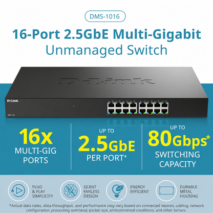 D-Link 16-Port 2.5GbE Multi-Gigabit Unmanaged Ethernet Switch - DMS-1016