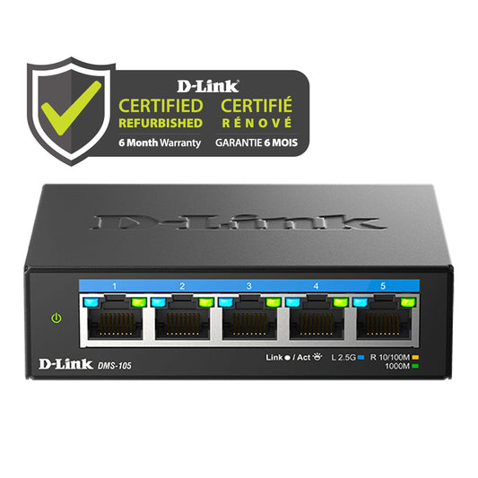 D-Link Certified Refurbished 5-port multi-Gig network switch with certification badge on a white background