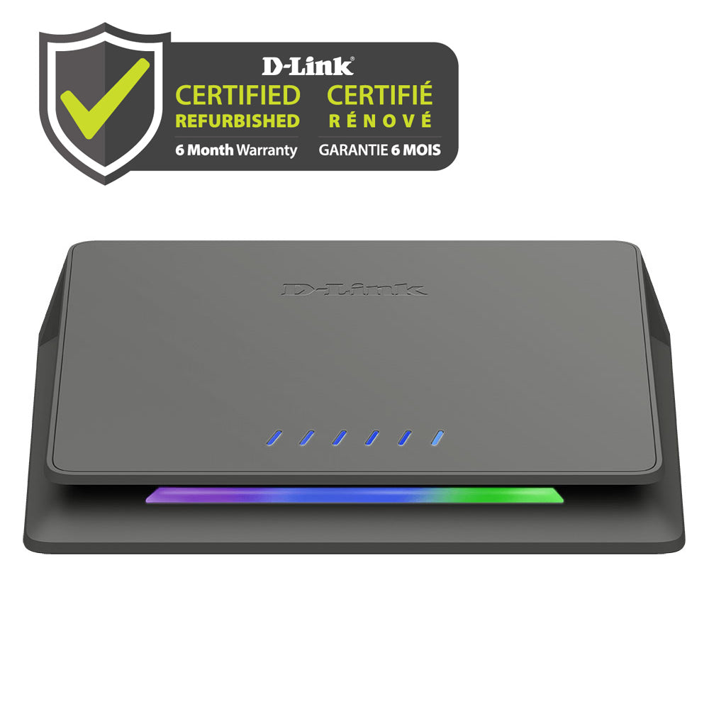 D-Link Certified Refurbished 6-Port Multi-Gigabit Unmanaged Switch - DMS-106XT/RE with a 6-month warranty badge on a white background