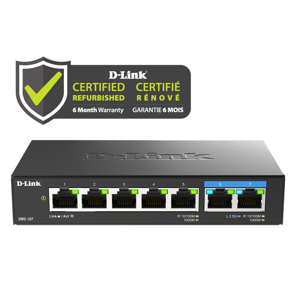 D-Link [Certified Refurbished 7-Port Multi-Gigabit Unmanaged Switch - DMS-107/RE network switch with Certified Refurbished badge on a white background