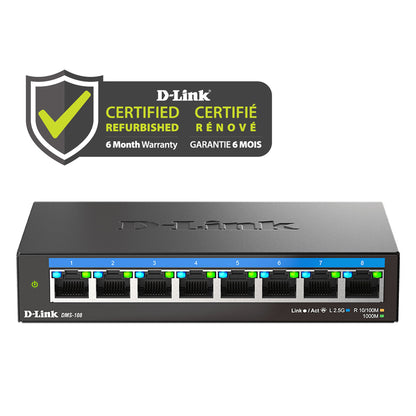 D-Link Certified Refurbished 8-Port Multi-Gigabit Unmanaged Switch - DMS-108/RE network switch with Certified Refurbished label on a white background