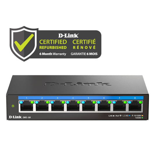 D-Link Certified Refurbished 8-Port Multi-Gigabit Unmanaged Switch - DMS-108/RE network switch with Certified Refurbished label on a white background