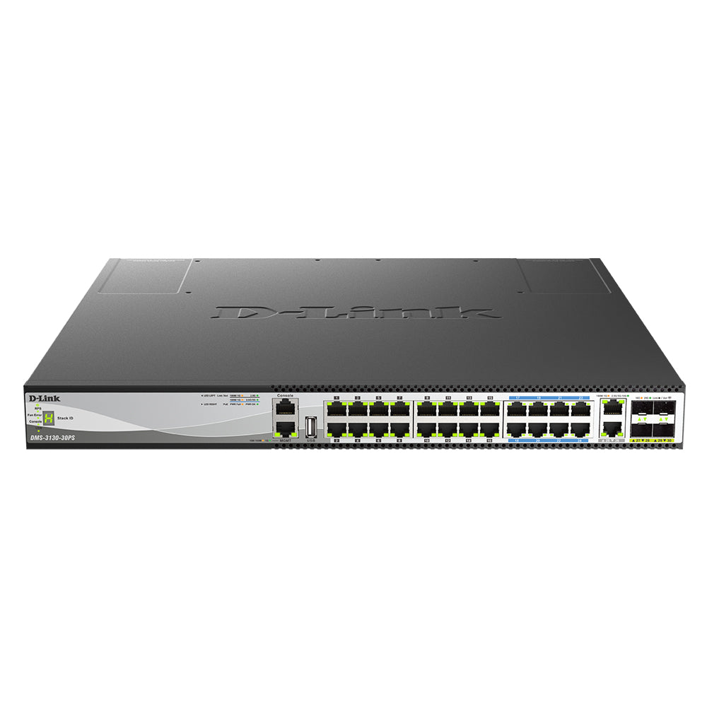 D-Link 30-Port Fully Managed Multi-Gigabit PoE++ Stackable Switch with 2 10G & 4 25G Ports - DMS-3130-30PS