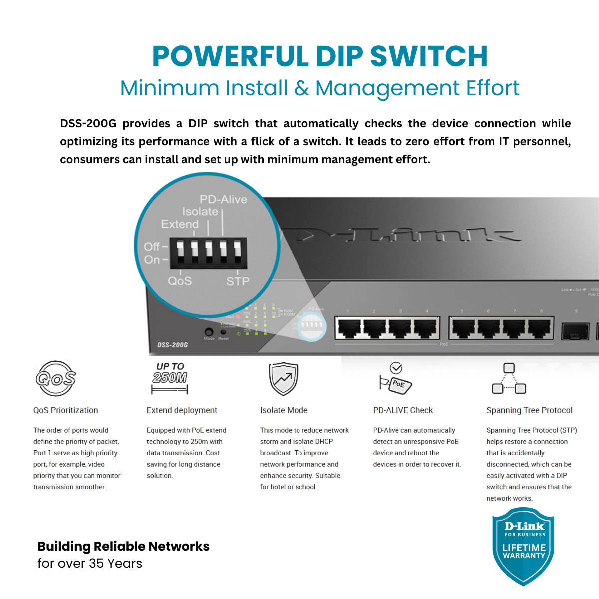Switch administrable intelligent Gigabit PoE++ 8 ports D-Link avec 2 ports SFP - DSS-200G-10MPP 