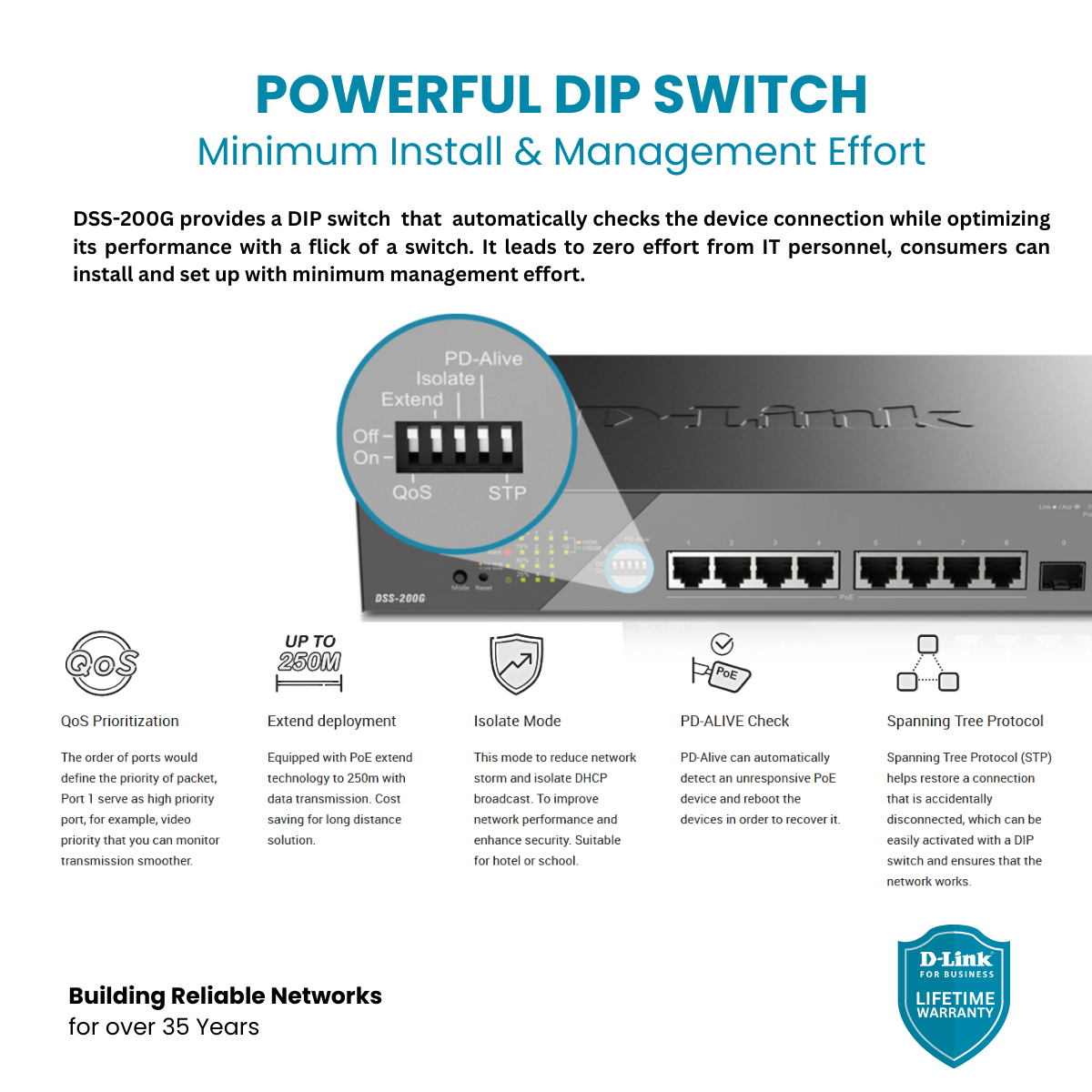 D-Link 8-Port Gigabit PoE+ Smart Managed Switch with 2 SFP Ports - DSS-200G-10MP