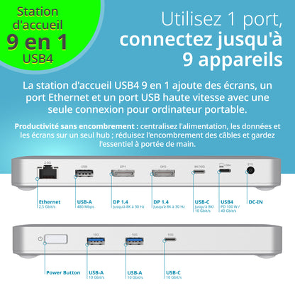 Station d'accueil USB 4 9 en 1 avec deux ports d'affichage 8K - DUF-901