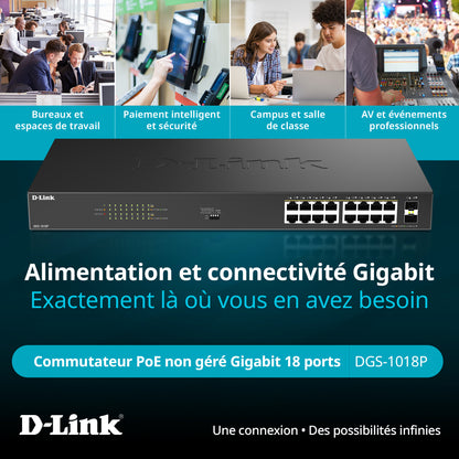 16-Port Gigabit PoE+ Unmanaged Switch with 2 SFP Ports - DGS-1018P