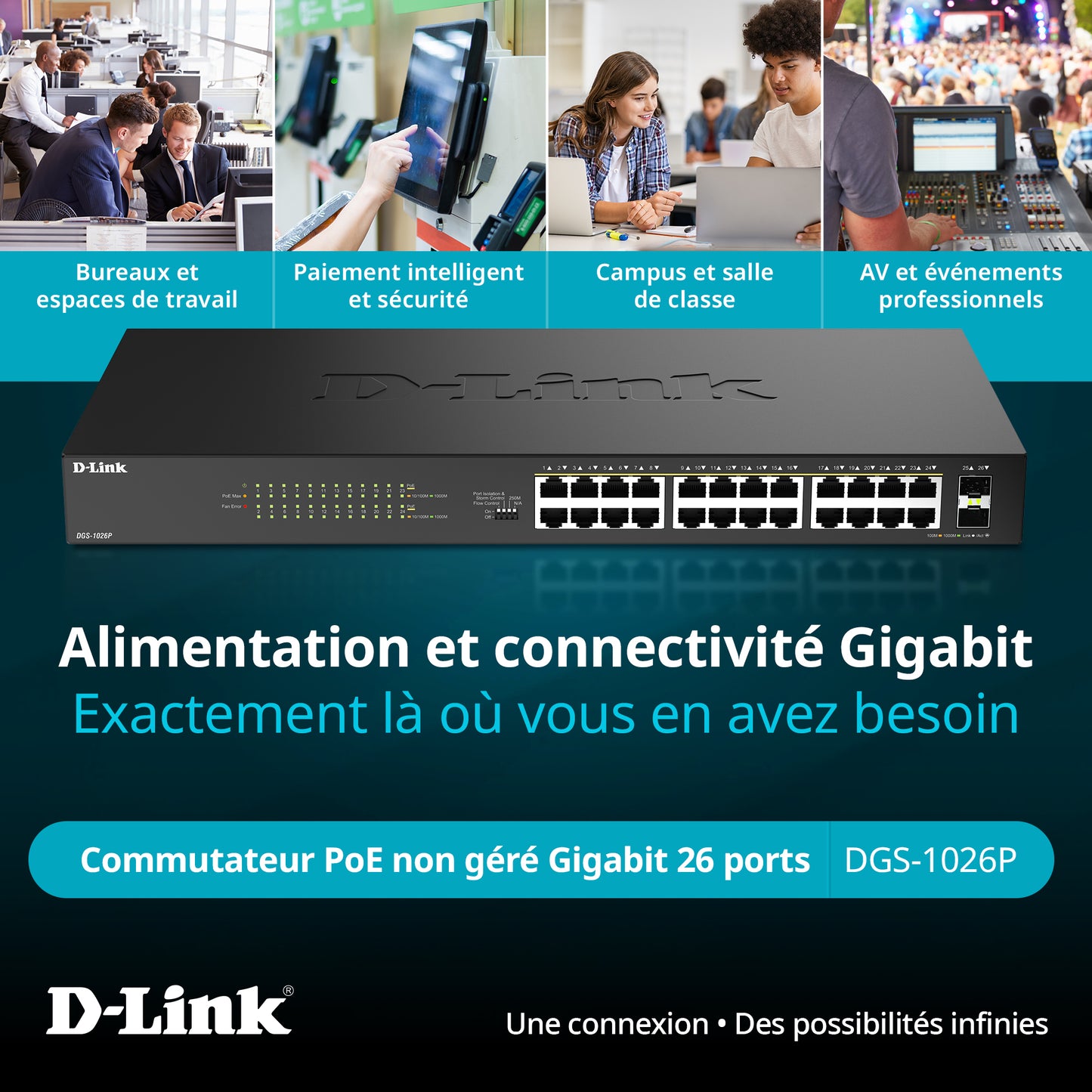 24-Port Gigabit PoE+ Unmanaged Switch with 2 SFP Ports - DGS-1026P