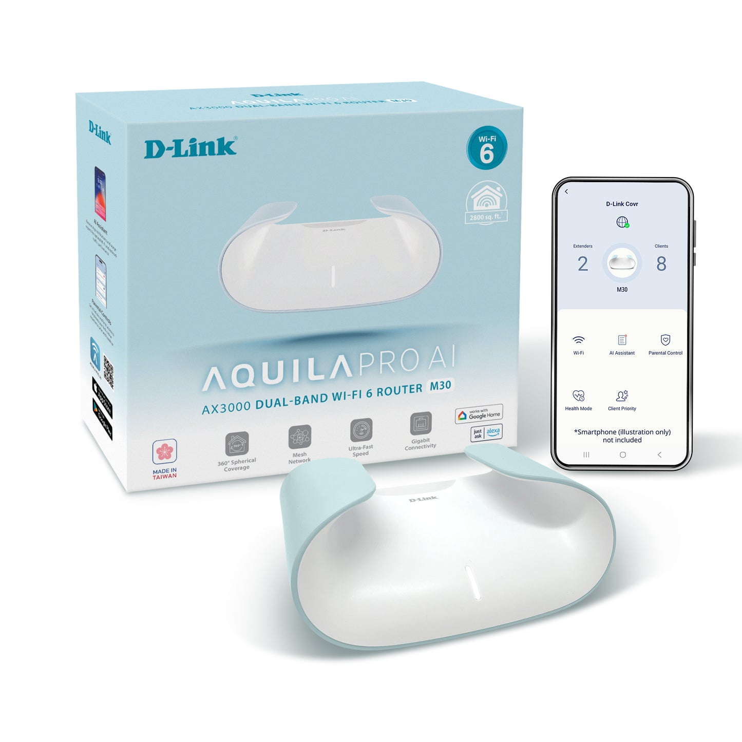 D-Link Aquila Pro AI Wi-Fi 6 router packaging with router and smartphone displaying app interface on a white background