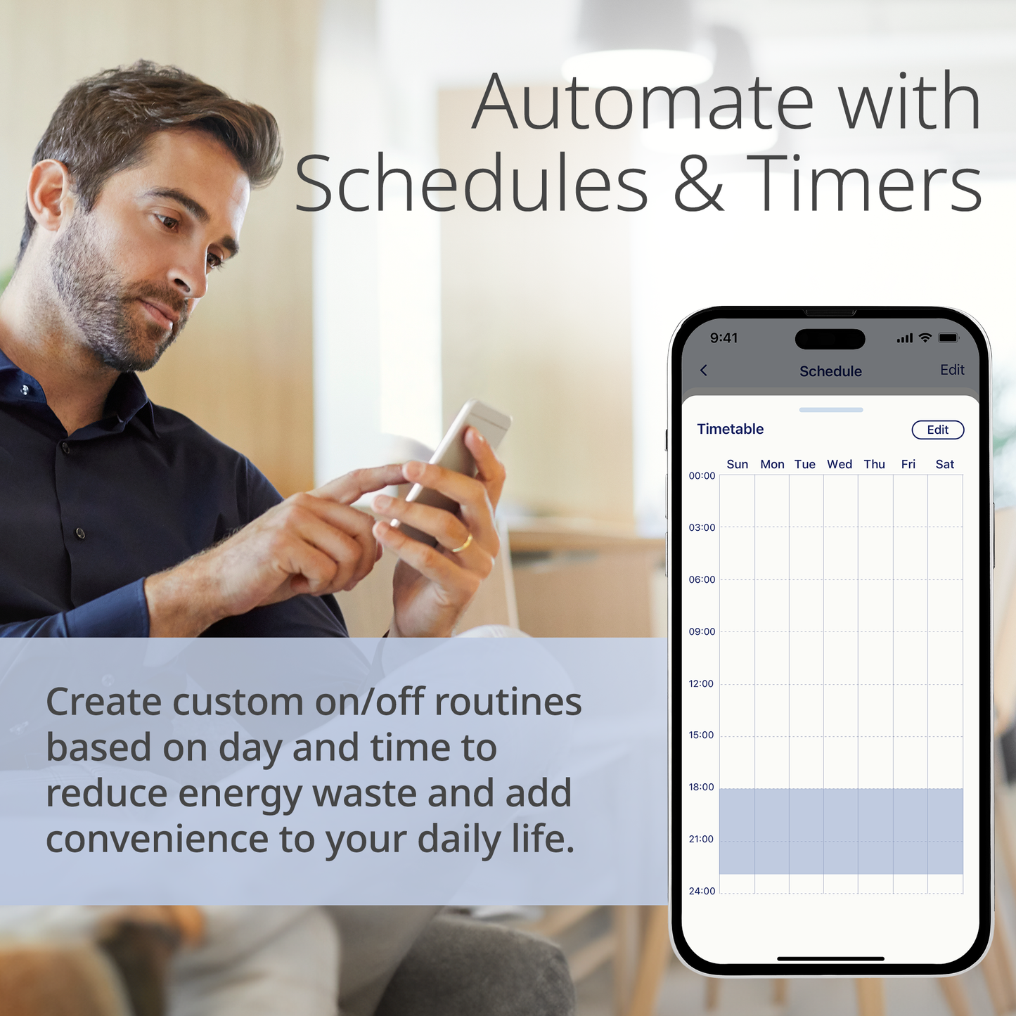 Man using a smartphone with an app interface showing schedules and timers.
