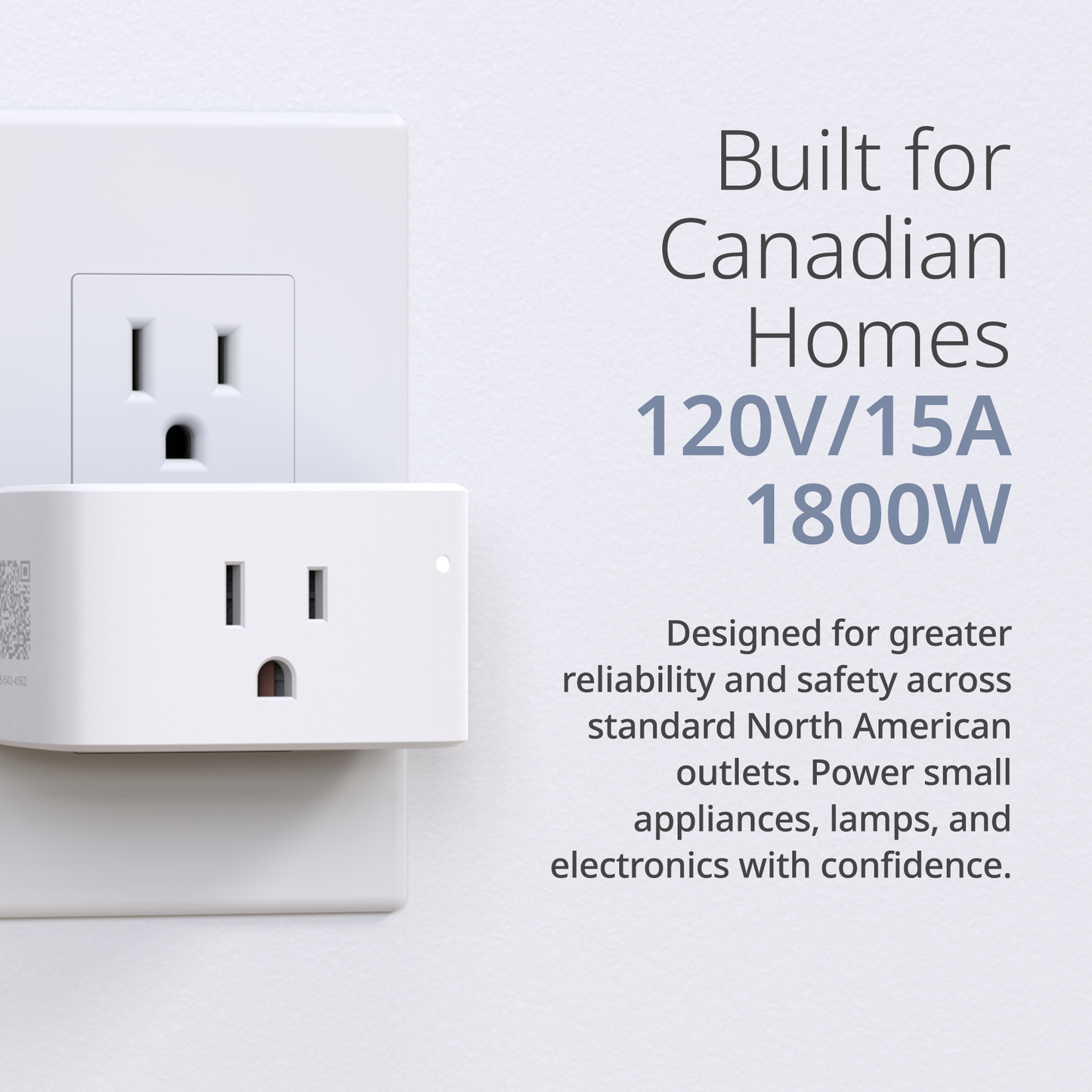 White electrical outlet with text about Canadian homes compatibility and specifications.