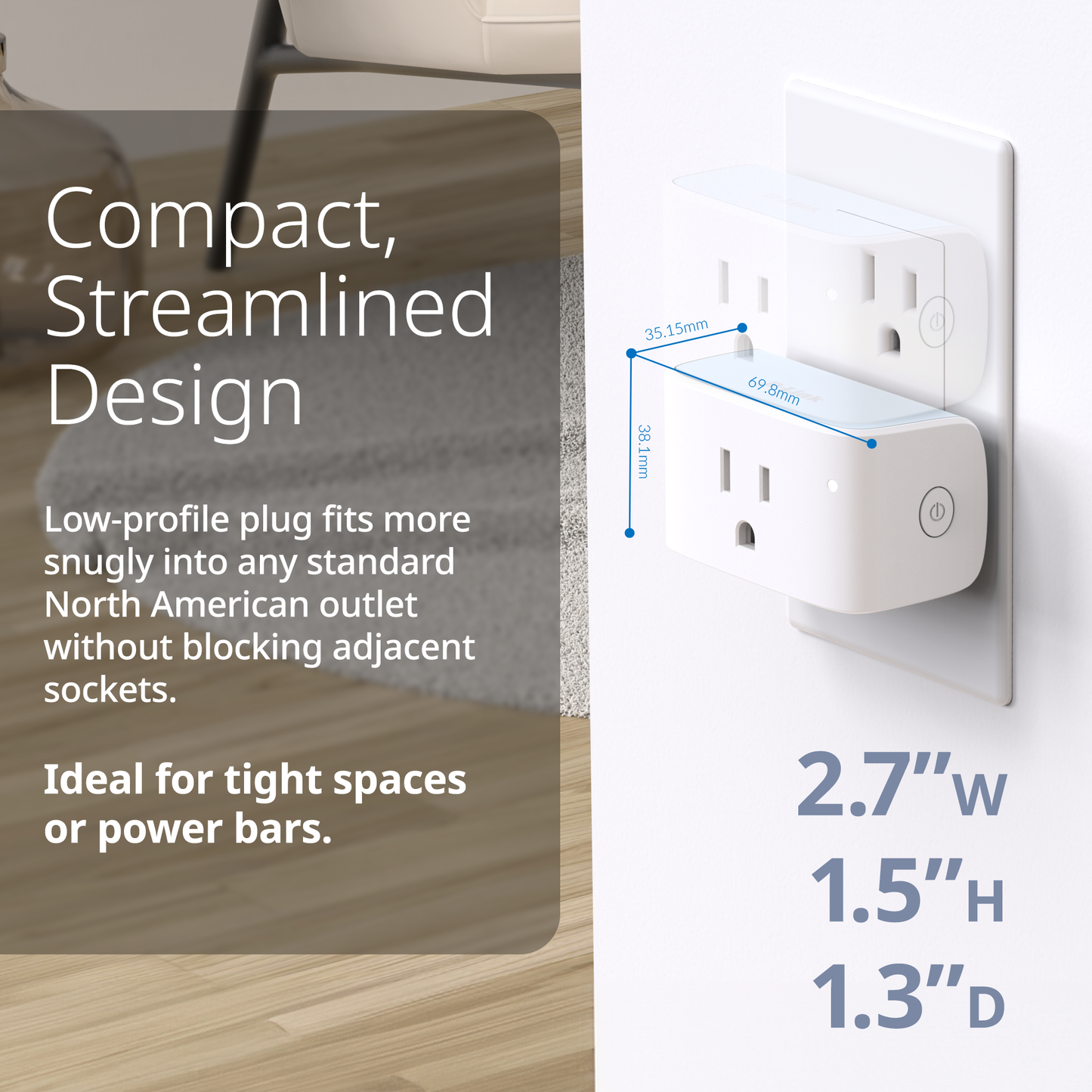 White wall plug with dimensions displayed on a neutral background