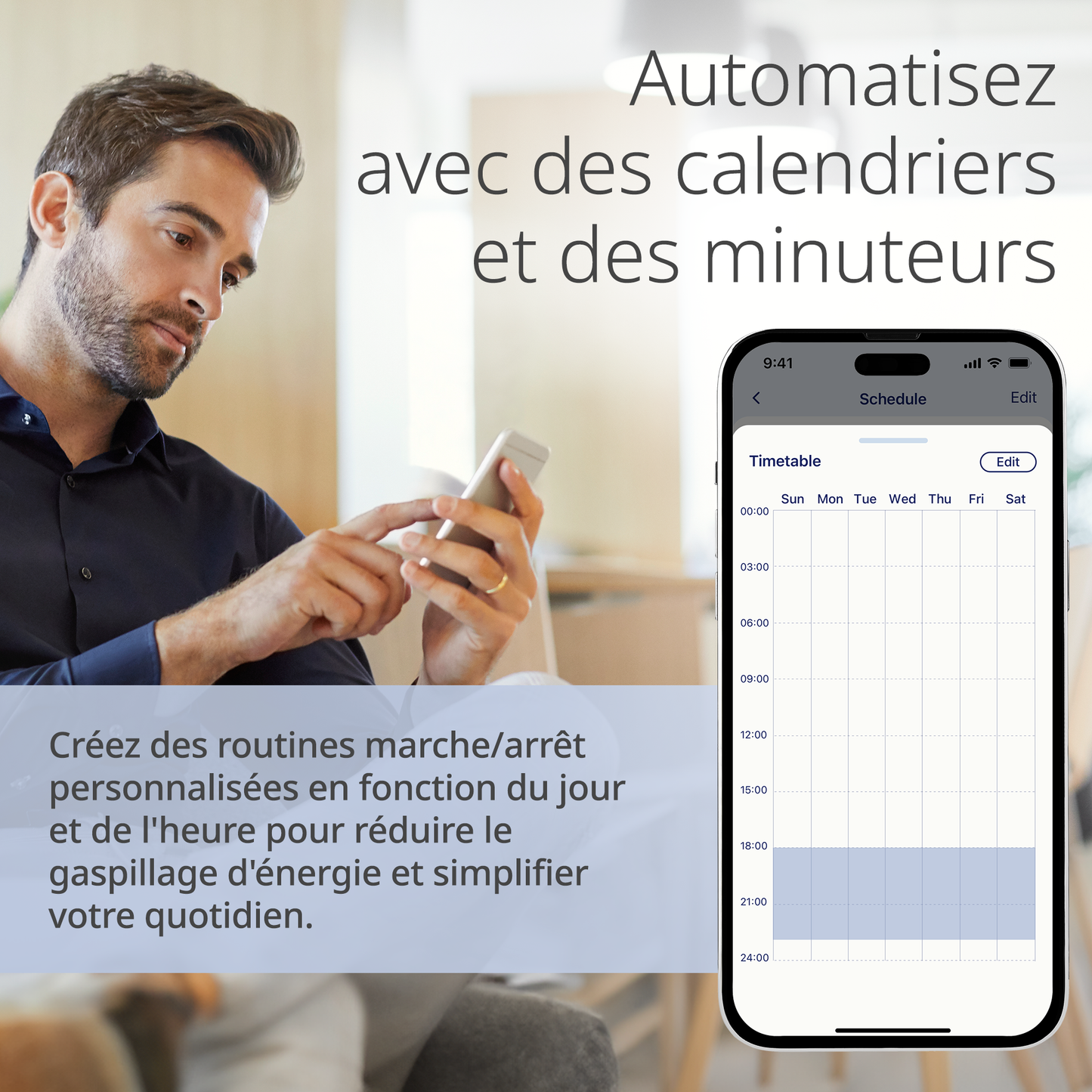 Man using a smartphone with an app interface displayed, featuring text about automating calendars and timers.