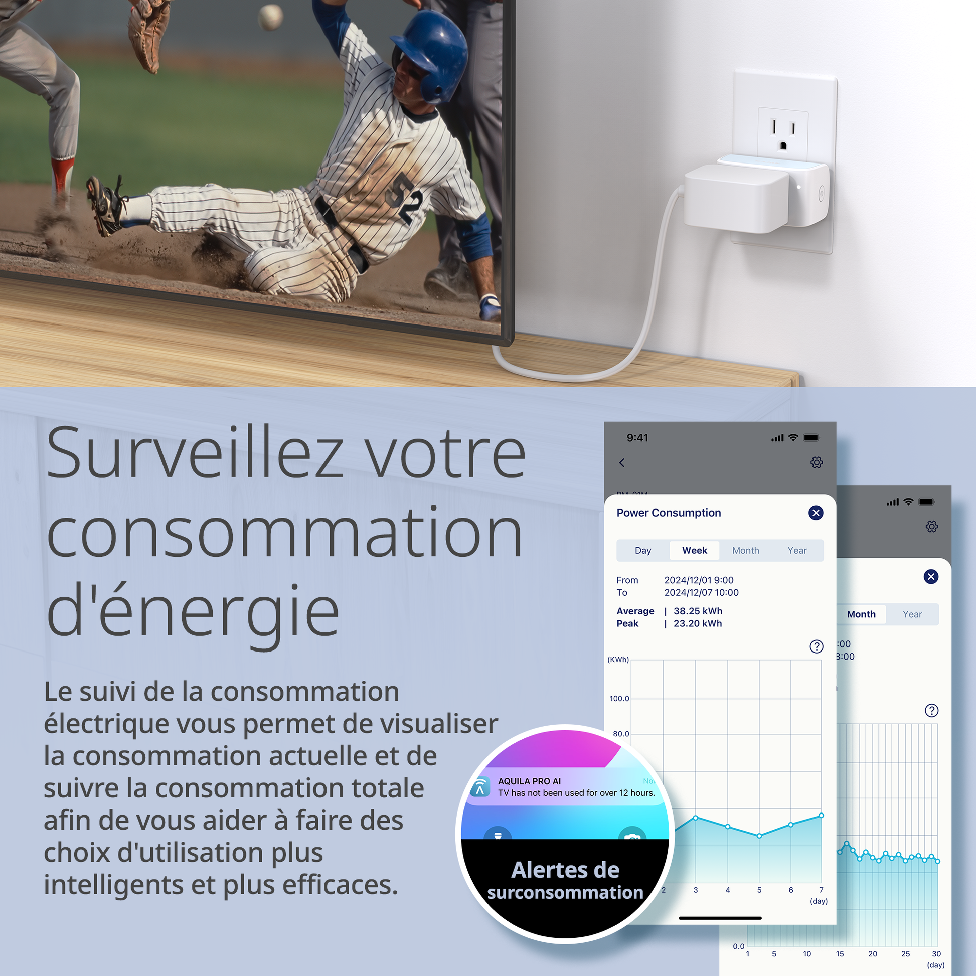 Smart home device with energy monitoring app on screen, showing a baseball player on TV.