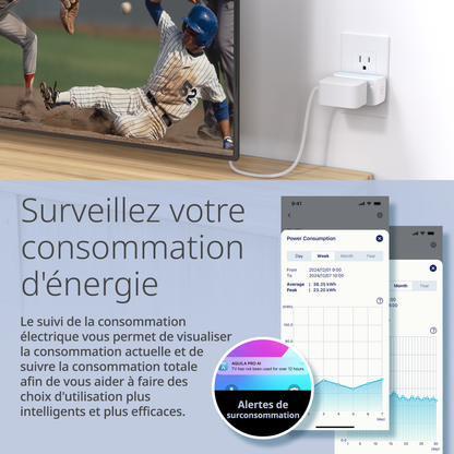 Smart home device with energy monitoring app on screen, showing a baseball player on TV.
