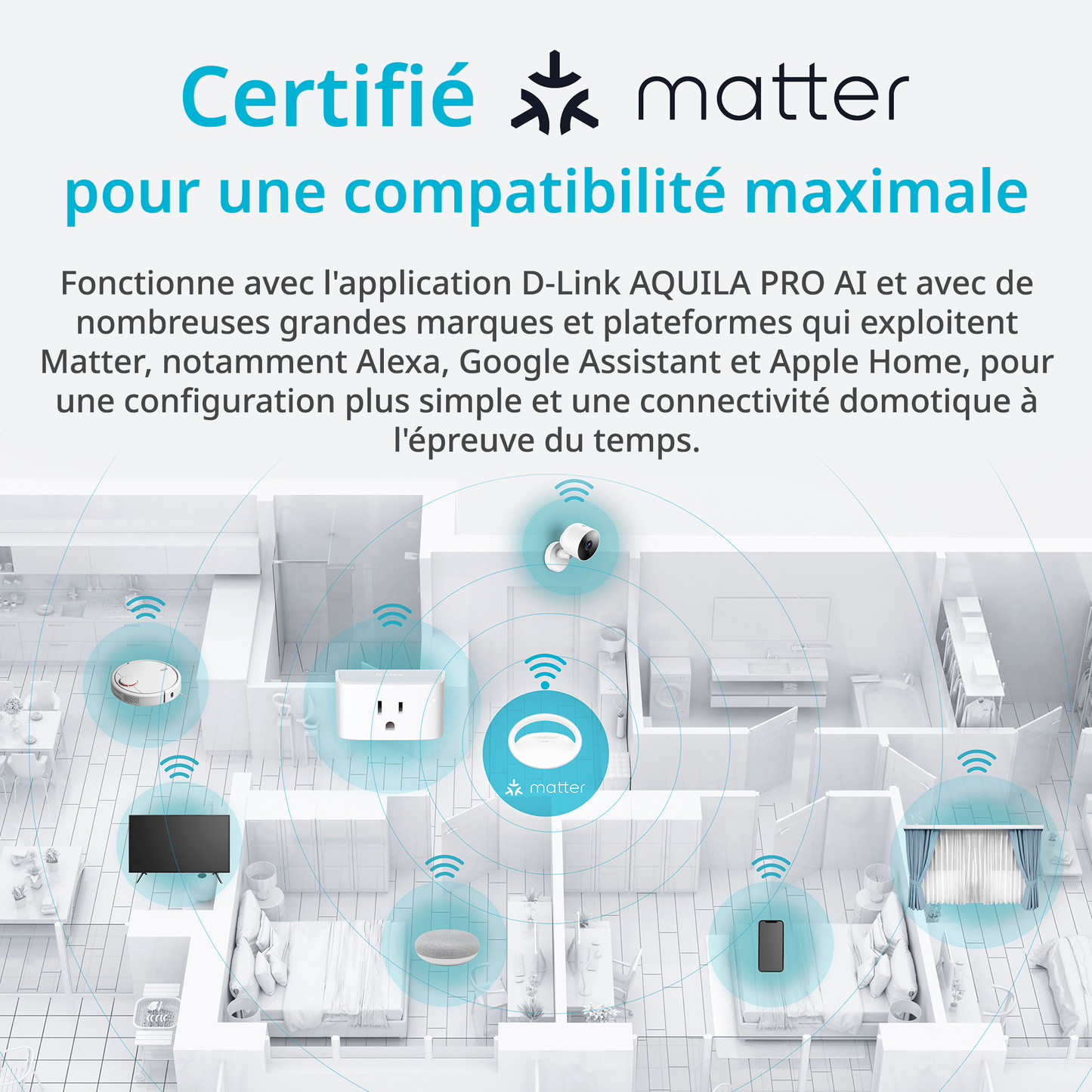 Advertisement for Matter certification with smart home devices and connectivity symbols.