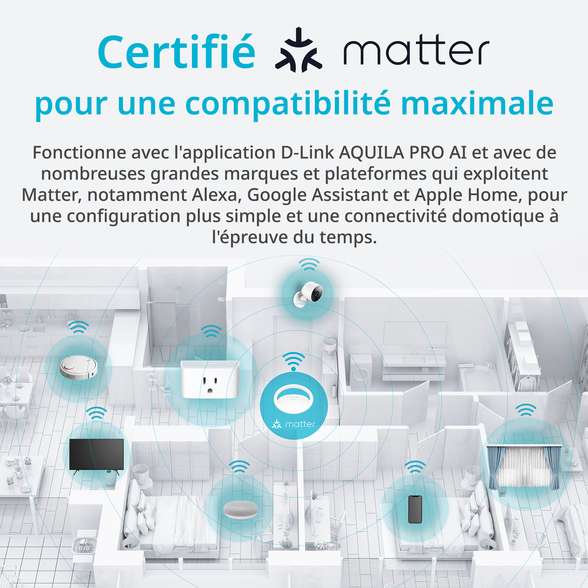 Advertisement for Matter certification with smart home devices and connectivity symbols.