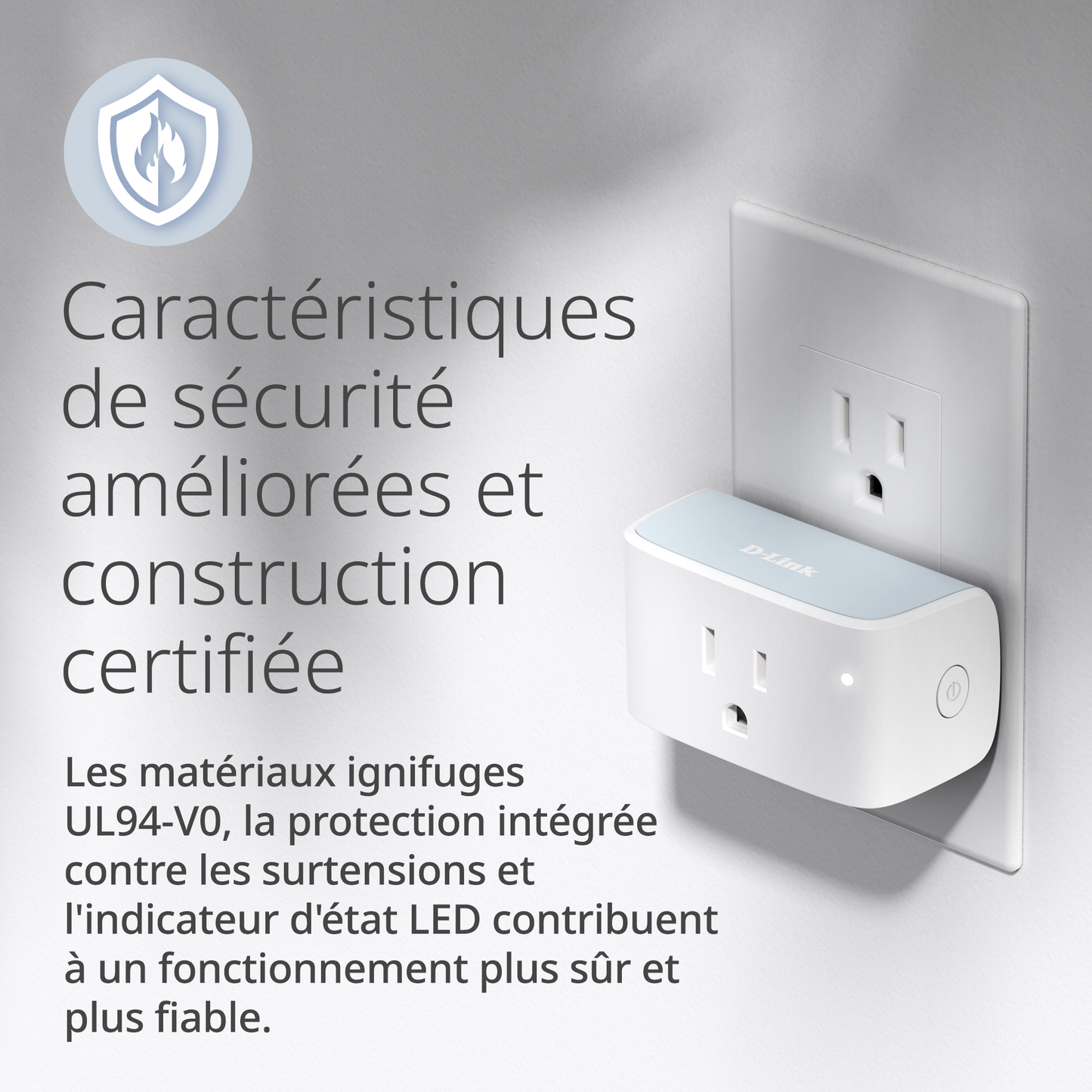 Smart plug with certification label on a gray background