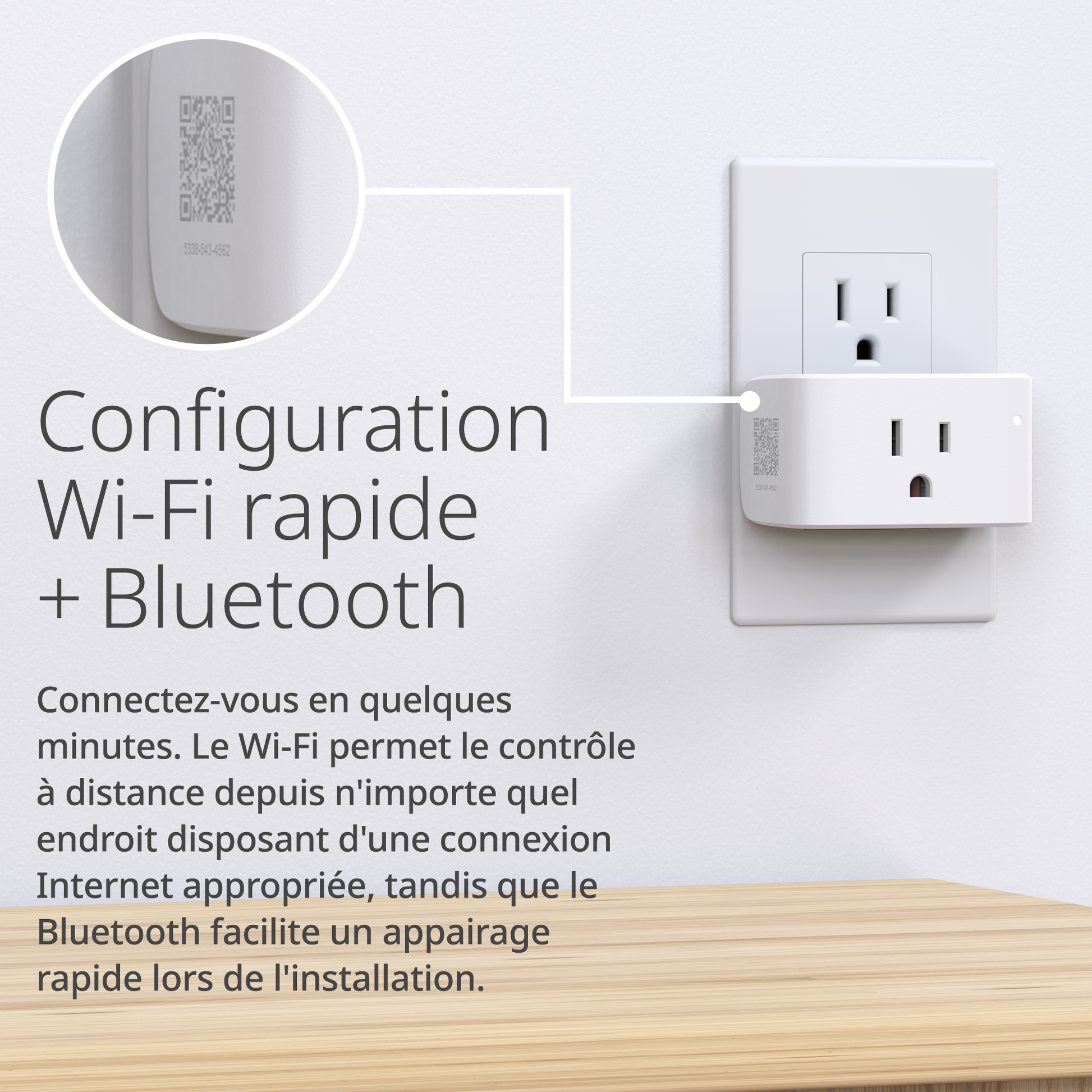 Smart plug with QR code and text on a white wall background