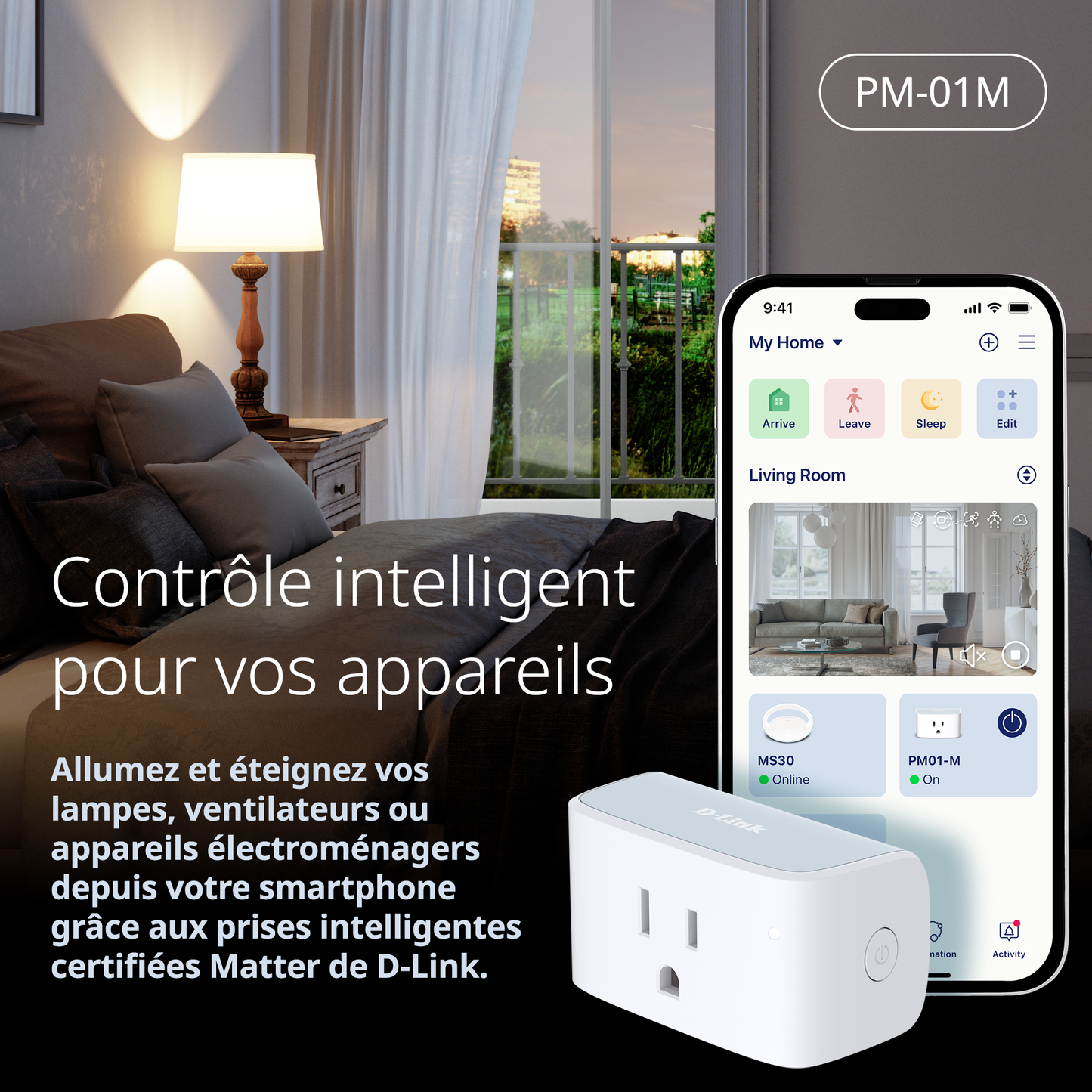 Smart plug and smartphone app interface with D-Link branding in a bedroom setting