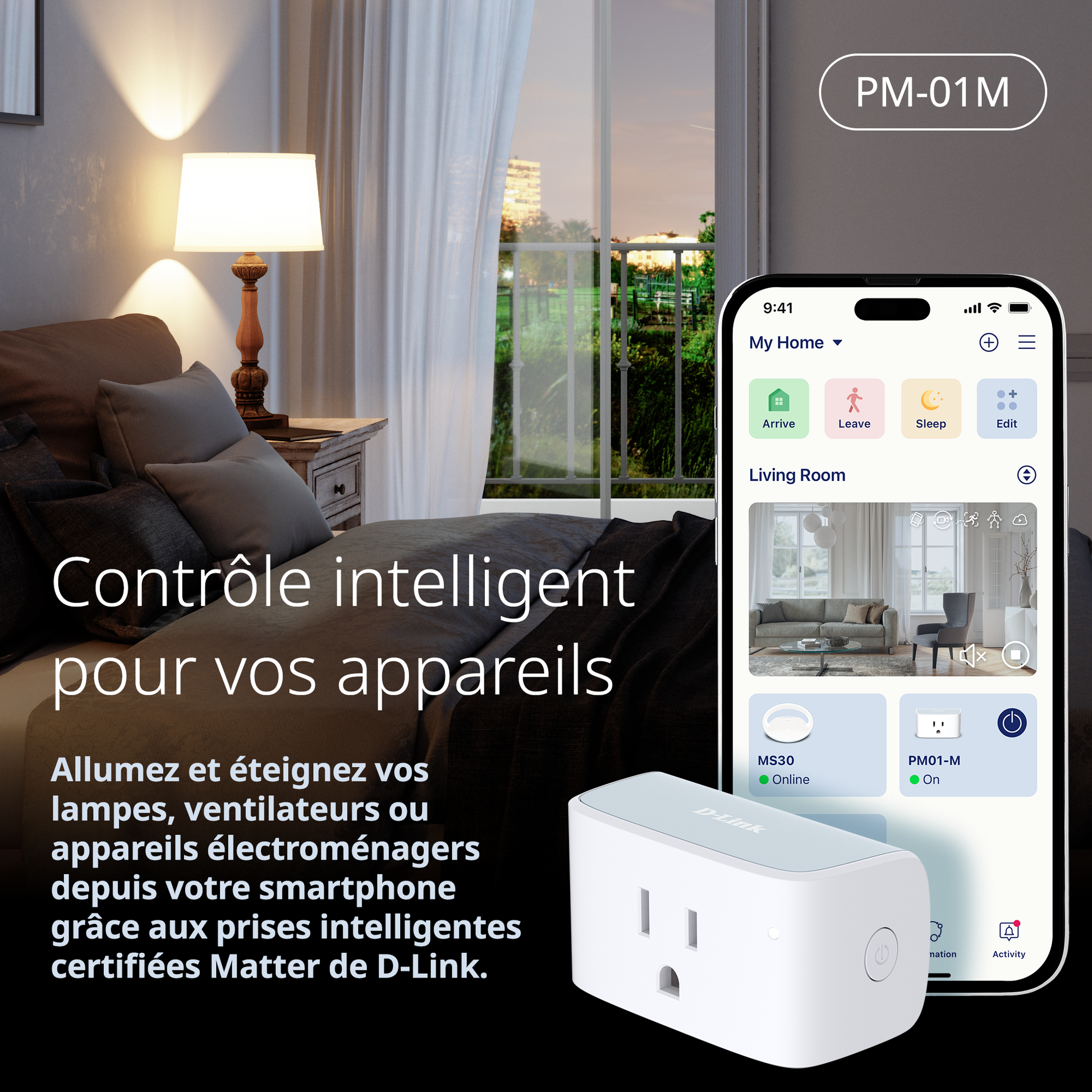 Smart plug and smartphone app interface with D-Link branding in a bedroom setting