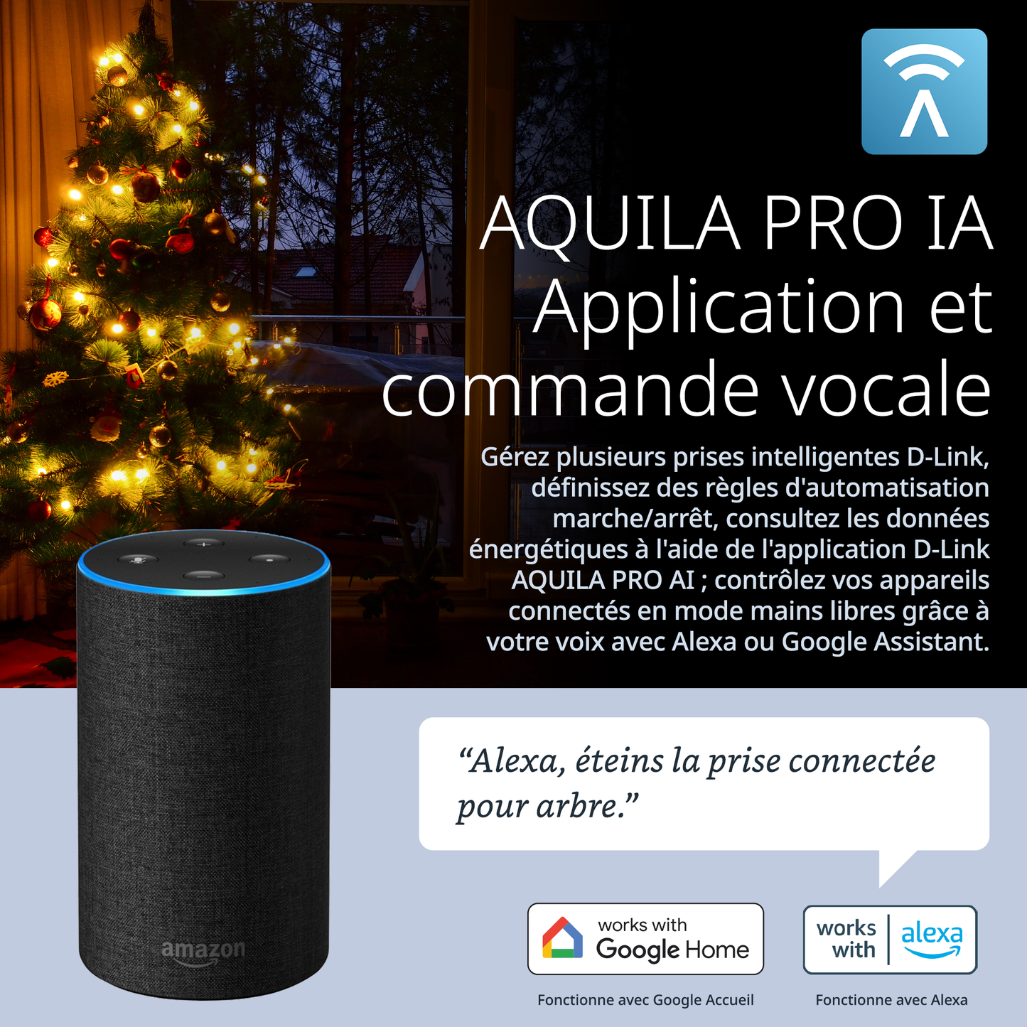 Smart home device with Amazon Echo interface in front of a Christmas tree, featuring AQUILA PRO IA branding.