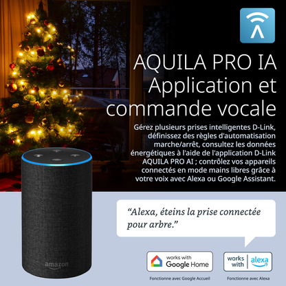 Smart home device with Amazon Echo interface in front of a Christmas tree, featuring AQUILA PRO IA branding.