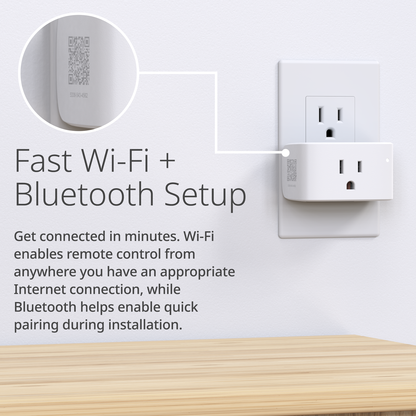 Smart plug with QR code on a white wall with text about fast Wi-Fi and Bluetooth setup.