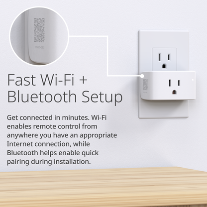 Smart plug with QR code on a white wall with text about fast Wi-Fi and Bluetooth setup.