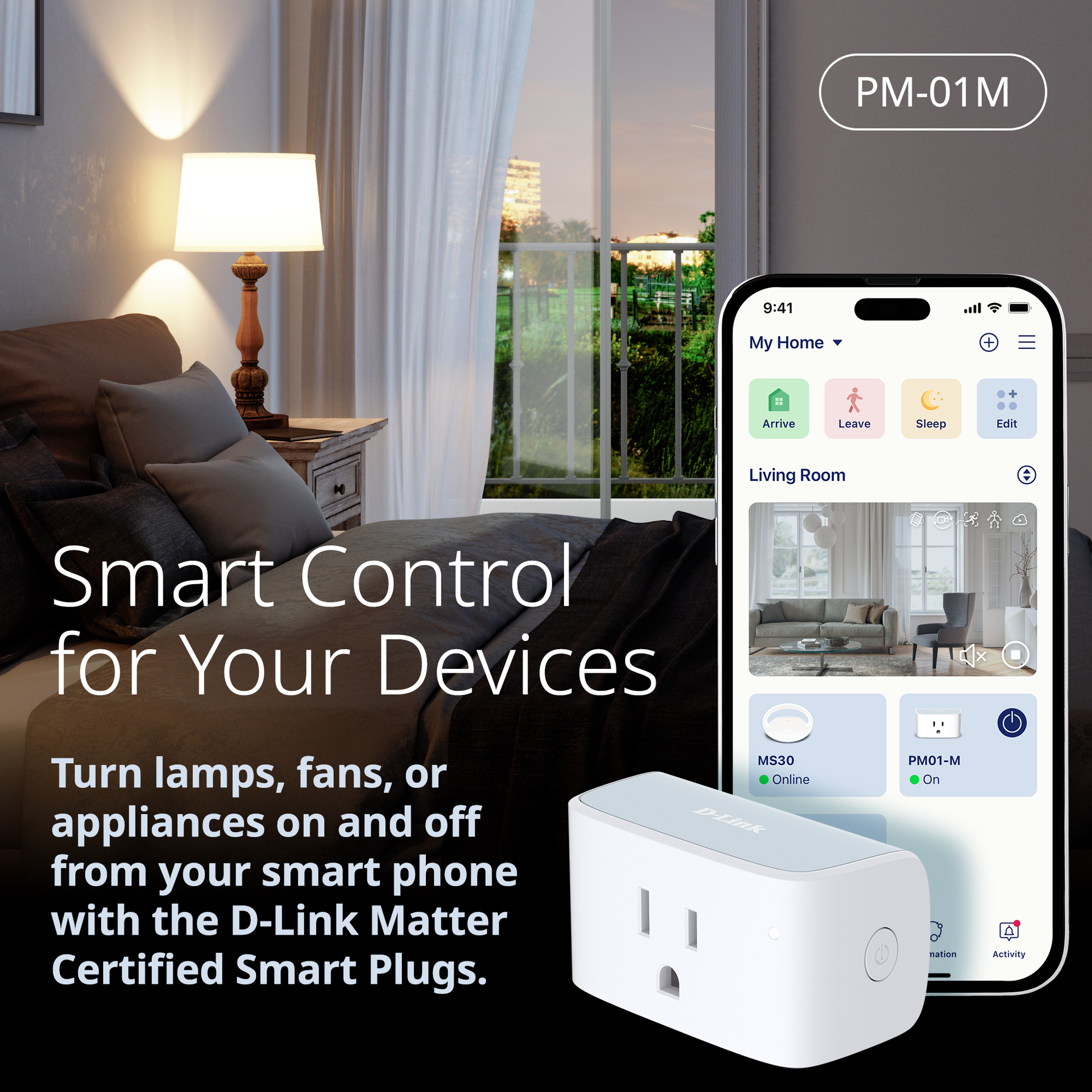 Smart plug and smartphone app with text 'Smart Control for Your Devices' in a bedroom setting.