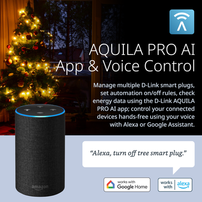 Amazon Echo device with text about D-Link AQUILA PRO AI app and voice control in front of a Christmas tree.