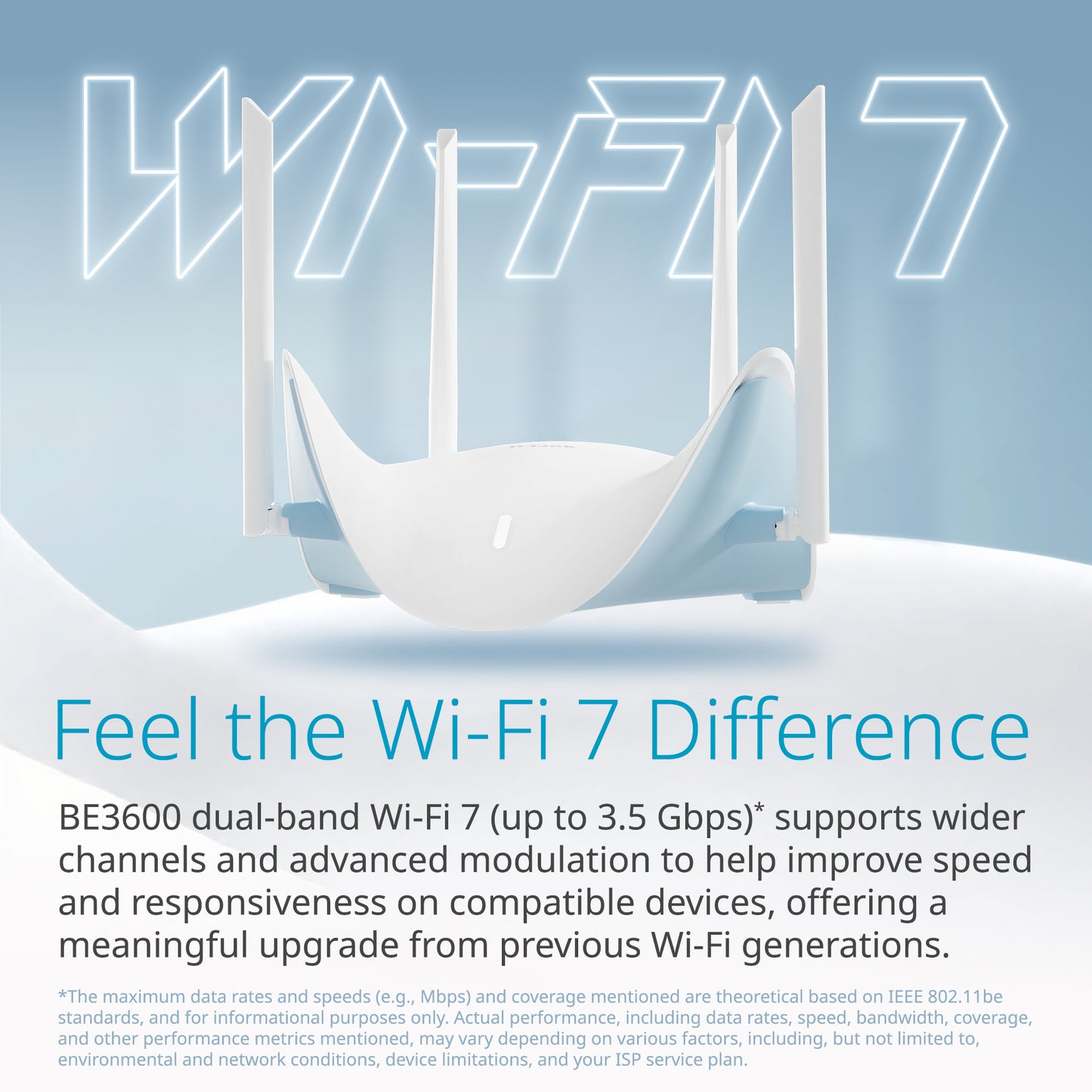 D-Link BE3600 Dual-Band Wi-Fi 7 Smart Router (R36) with text highlighting its features on a light blue background