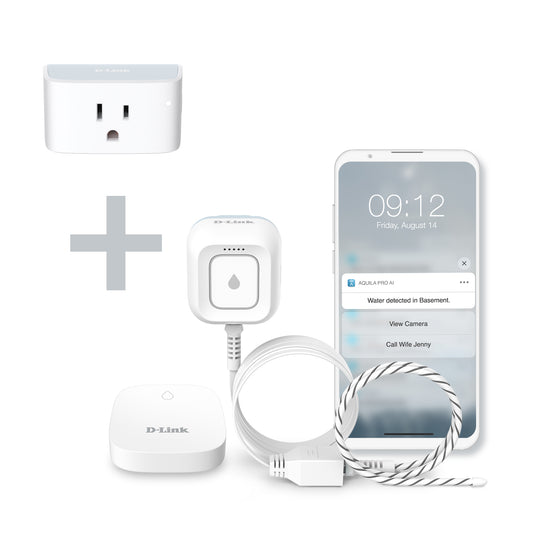 Kit de démarrage D-Link de détecteur de fuite d'eau intelligent Wi-Fi extensible (SW-A11KT) et prise intelligente Wi-Fi D-Link (PM-01M) - Offre spéciale groupée