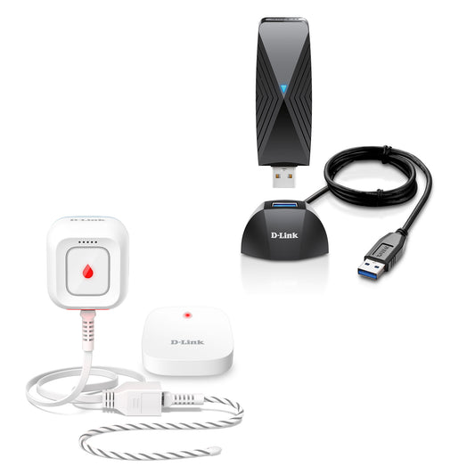Expandable Smart Wi-Fi Water Leak Sensor Starter Kit (SW-A11KT) + Wi-Fi 6 USB Adapter Bundle (DWA-X1850-B1-BB-CD)