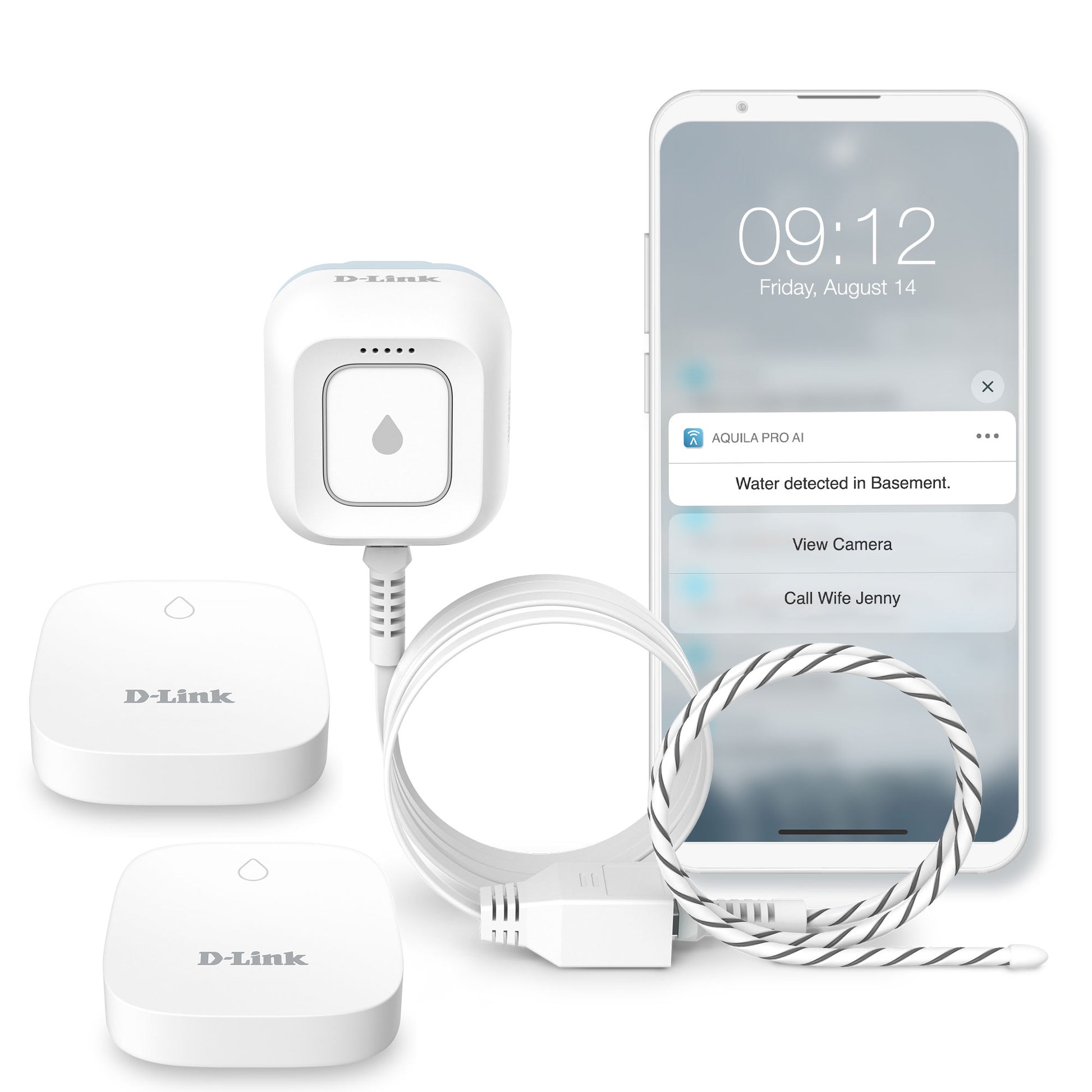 D-Link water detection sensor with smartphone displaying alert on a white background