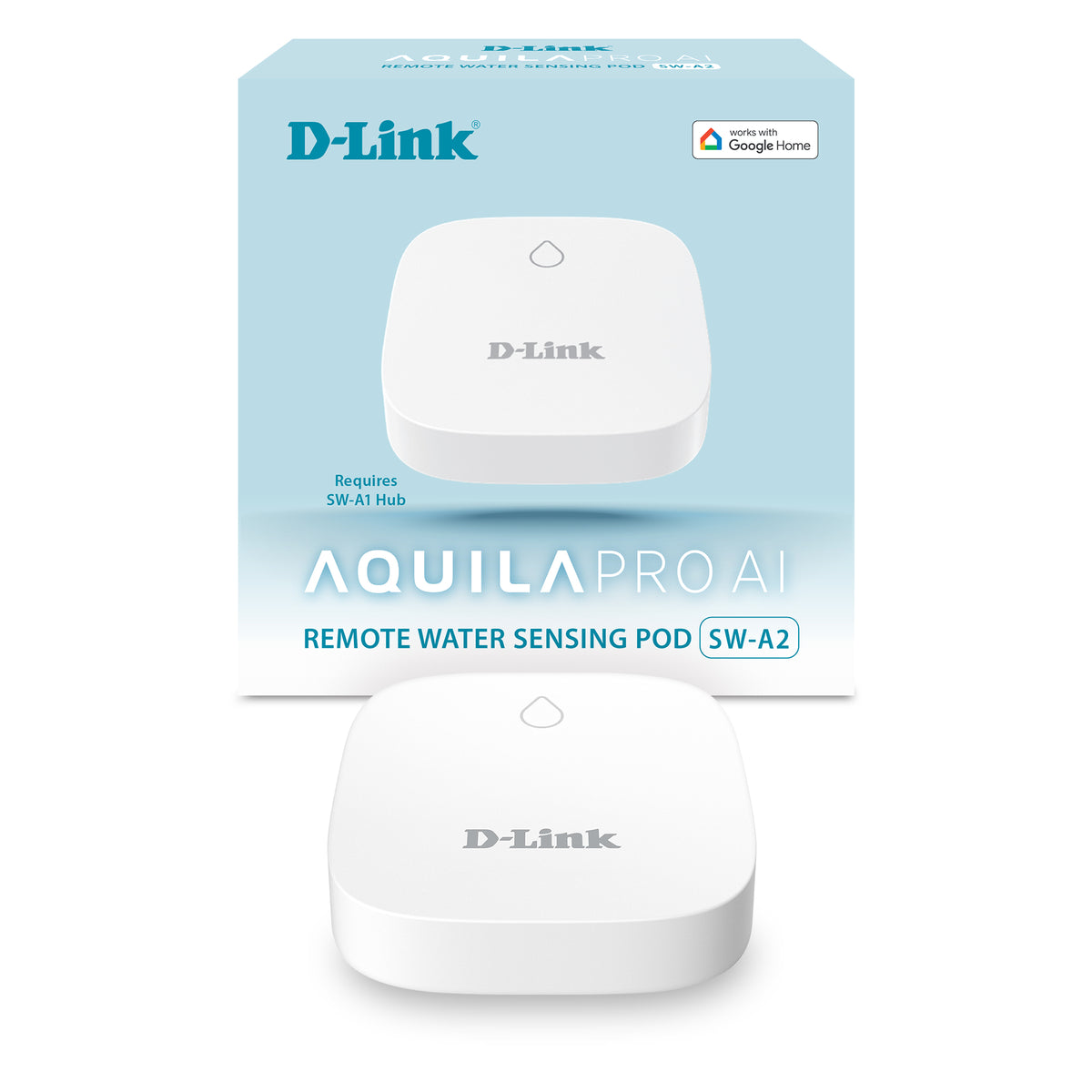 Add-on Remote water sensing pod (SW-A2) for D-Link Smart Wi‑Fi water leak sensor kit (SW-A11KT) with siren, strobe, app alerts & Google Assistant support. Covers up to 17 spots. No hub needed. Easy setup. Packaging shown.