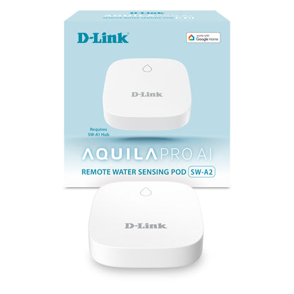Add-on Remote water sensing pod (SW-A2) for D-Link Smart Wi‑Fi water leak sensor kit (SW-A11KT) with siren, strobe, app alerts & Google Assistant support. Covers up to 17 spots. No hub needed. Easy setup. Packaging shown.