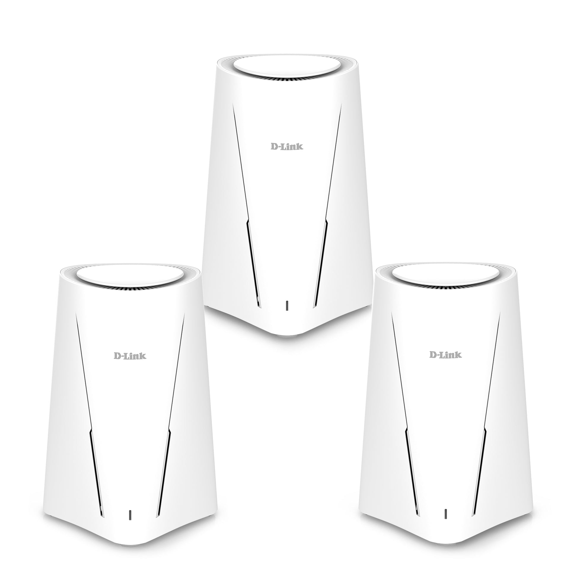 Three D-Link Wi-Fi 6 routers on a white background